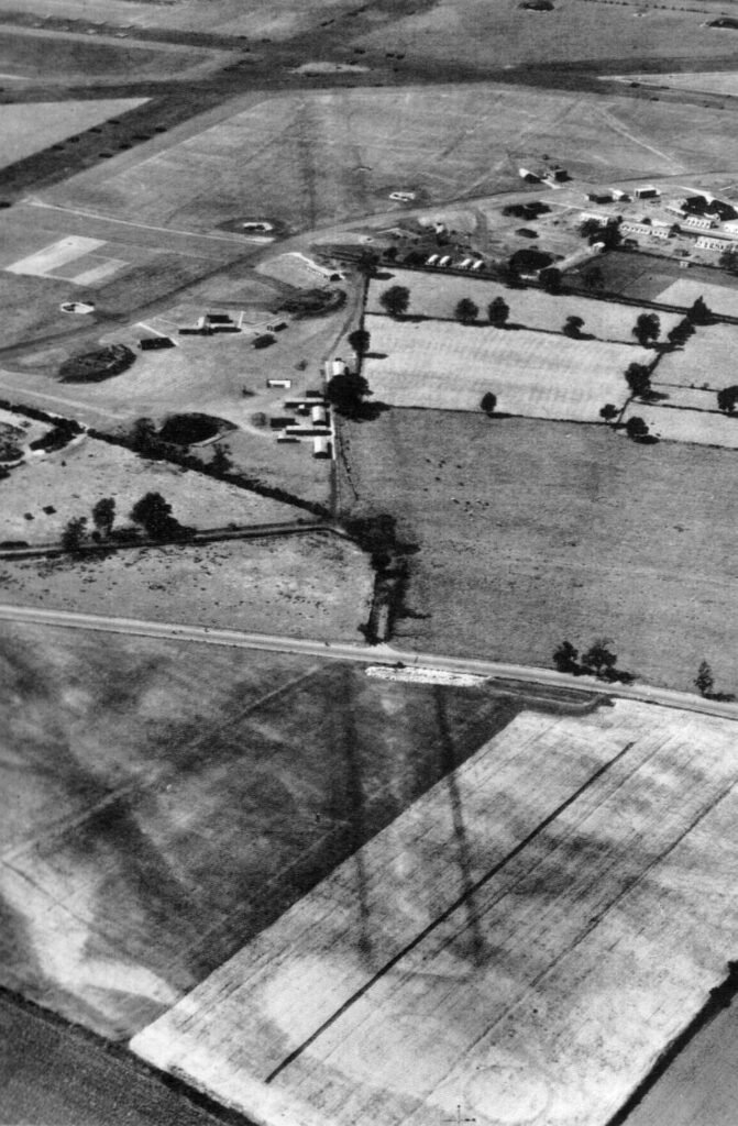 An overhead image of Scorton Neolithic Cursus, taken shortly after the second world war.