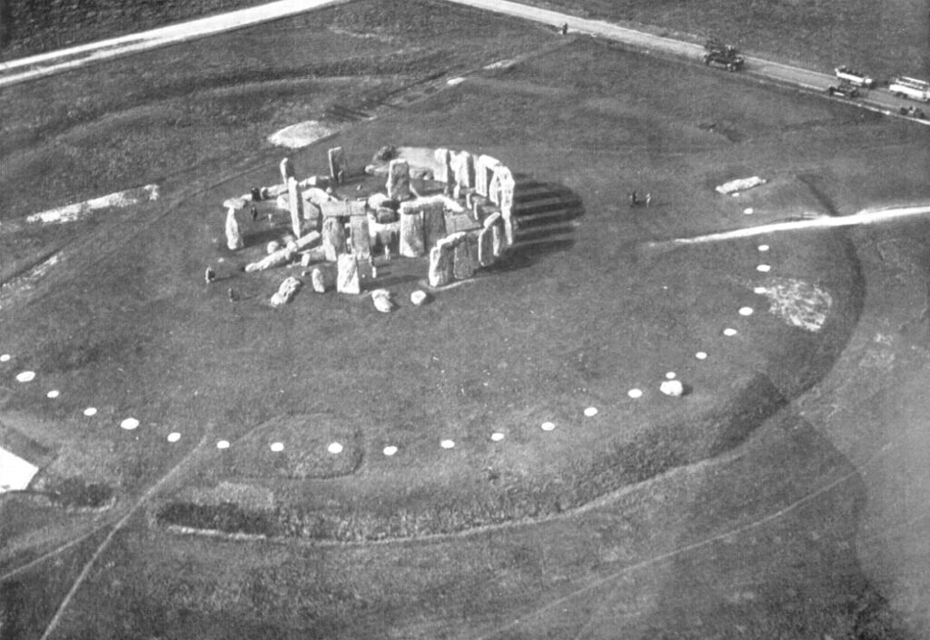 An overhead image of Stonehenge, including it's cursus. In monochrome, taken shortly after world war two.