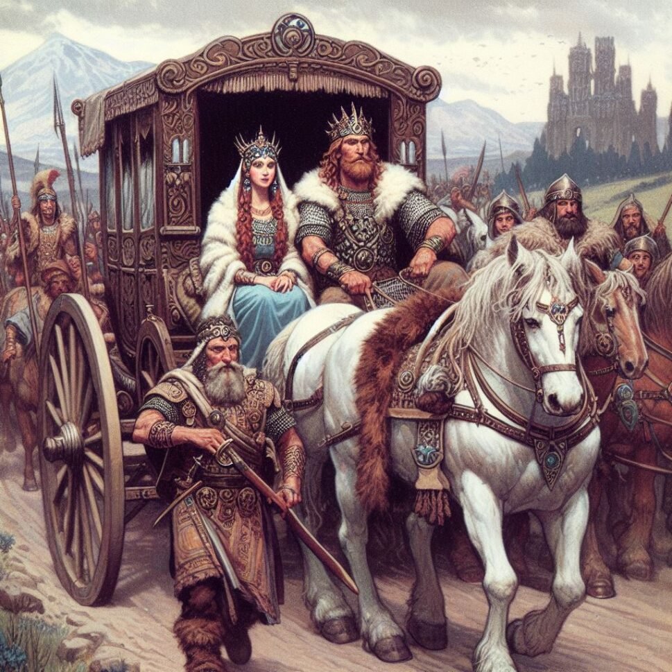An image representing the British Iron Age leaders, Venutius and Cartimandua travelling in a carriage, to illustrate an article about Brigantia and brigantesnation.com