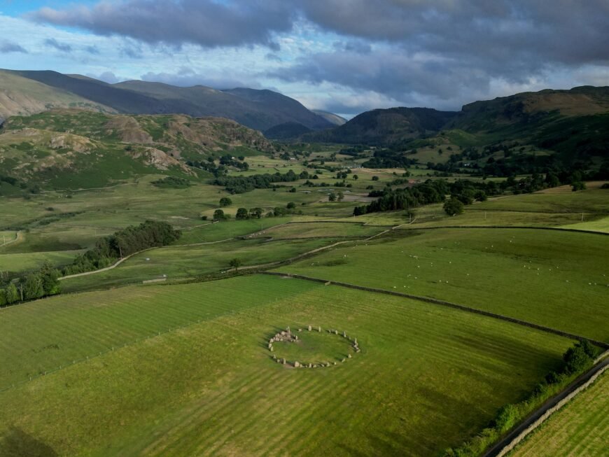 An aerial view of Castlerigg Neolithic stone circle, in Cumbria. Part of a site visit report on brigantesnation.com
