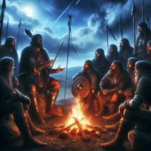 An AI generated image depicting Caratacus telling stories round a camp-fire. To illustrate and article about Iron Age Brigantia on brigantesnation.com