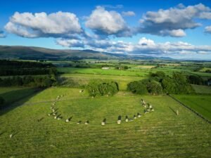An aerial photo of Long Meg and her Daughters standing stone and stone circle in Cumbria. Part of a site report on britgantesnation.com