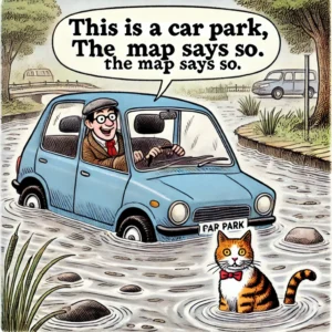 A car in a river and the driver saying it is a car park