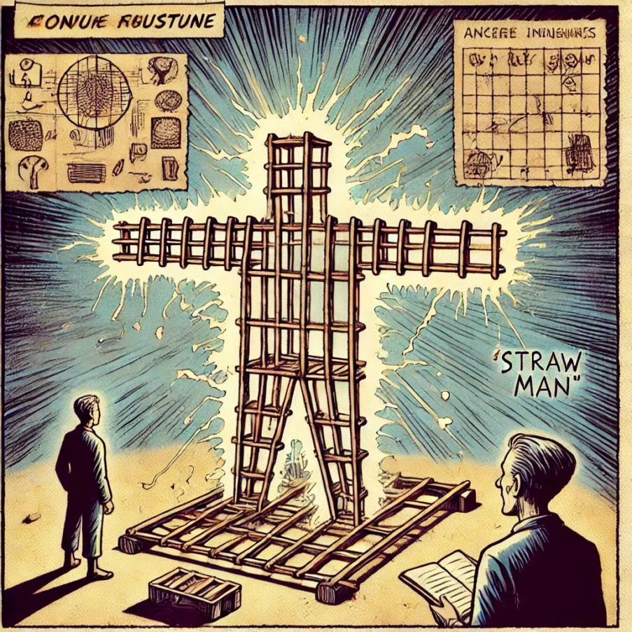 A comic illustration representing the laying out of a 'straw man' in an archaeologist's mind.