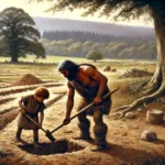 A father and son working together in a field, around 20,000 BC.