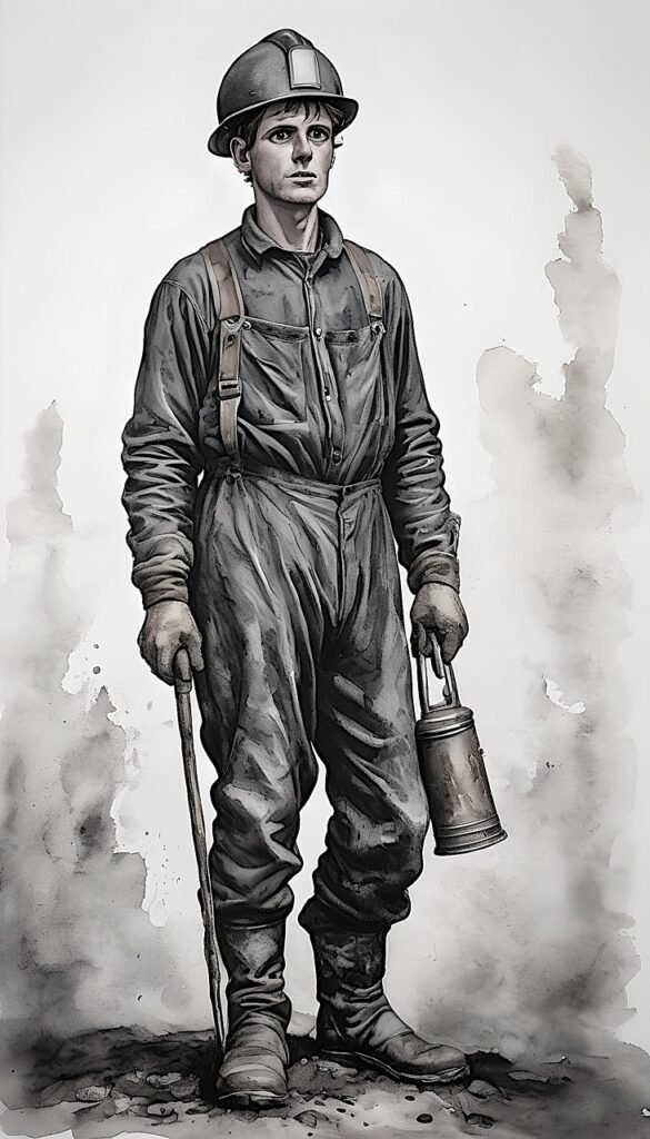 ai generated, coal miner, tired, shocked, weary, oppressed, worker, work, depressed, black and white